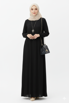 فستان طويل مطوي بأكمام مزمومة (أسود) 1368
