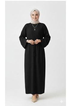 فستان سماح مزين بربطة على الخصر (اسود)
