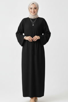 فستان سماح مزين بربطة على الخصر (اسود)