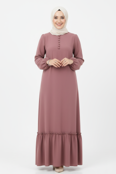 فستان ليلى للمحجبات بازرار وزم من الاسفل وردي 3024