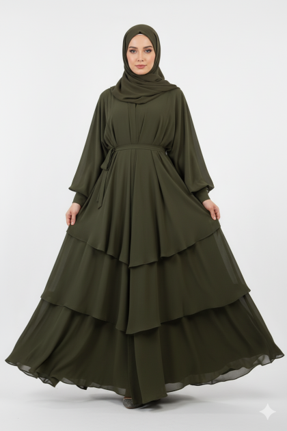 فستان ريما بطبقات وأكمام مكشكشة (هاكي) 1541