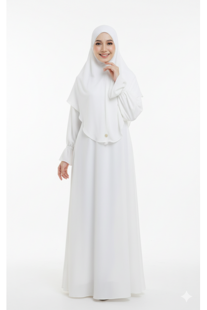طقم سارة حجاب شرعي طويل وفستان (أبيض) 4060