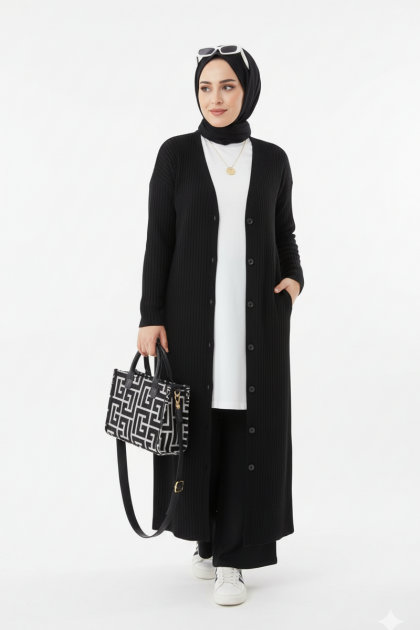 طقم نايا جاكيت بأزرار وبنطلون (أسود) 4053