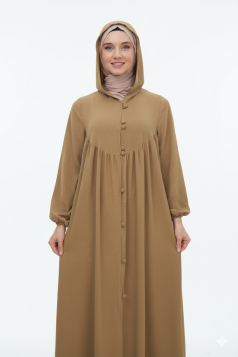 عباية بقبعة وأزرار وأكمام مزمومة (عسلي) 1003