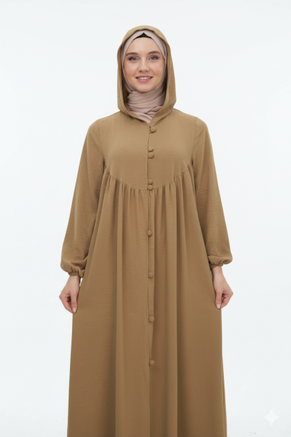 عباية بقبعة وأزرار وأكمام مزمومة (عسلي) 1003