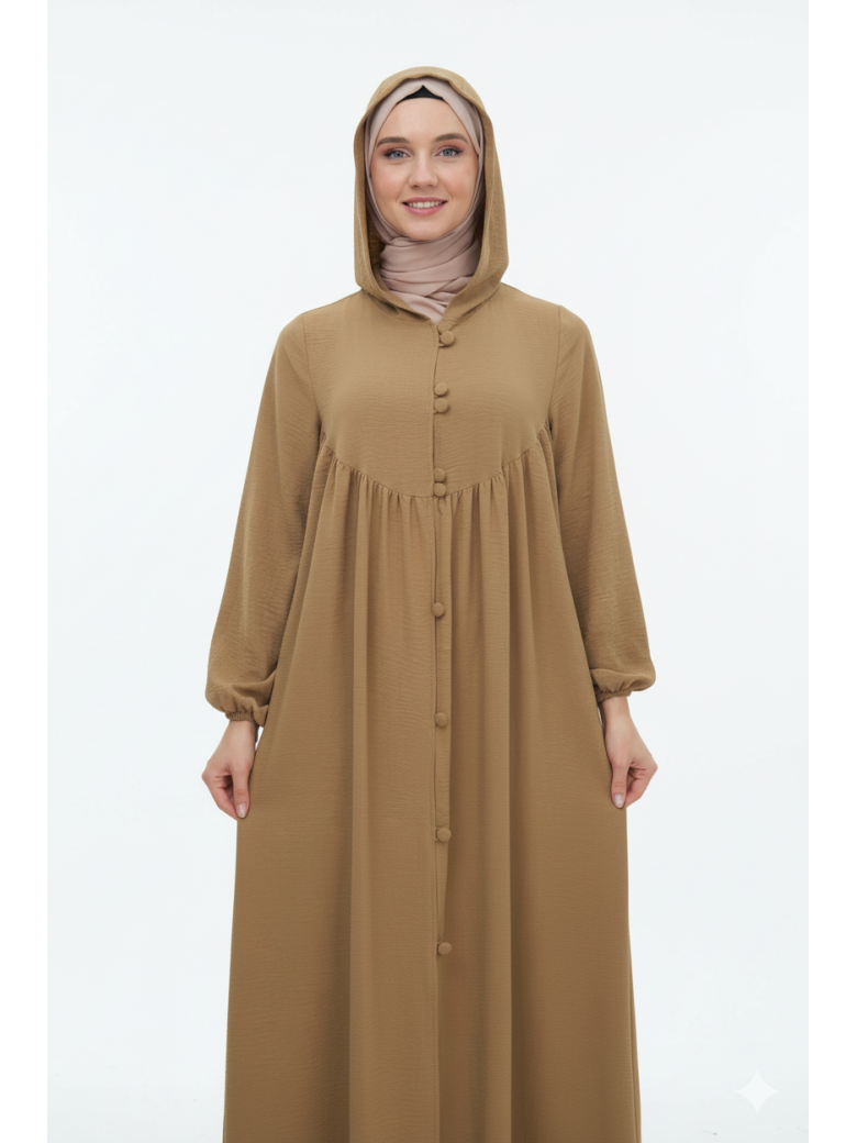 عباية بقبعة وأزرار وأكمام مزمومة (عسلي) 1003