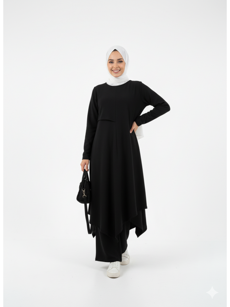 طقم عبير قطعتين تونيك طويل وبنطلون (أسود) 1476