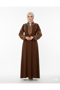 عباية اسيا المزينة بتطريز عل الصدر والأكمام لون (بني)