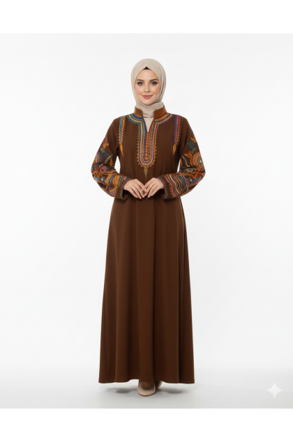 عباية اسيا المزينة بتطريز عل الصدر والأكمام لون (بني)