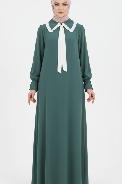 فستان توليب بياقة أنيقة وأكمام مزمومة (اخضر) 1529
