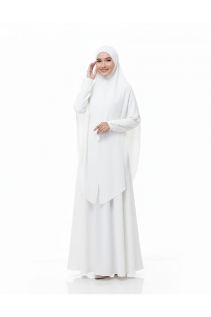 طقم ماليزي مكون من فستان مع حجاب طويل لون ابيض 1404