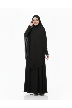 طقم ماليزي مكون من فستان مع حجاب طويل لون اسود 1404