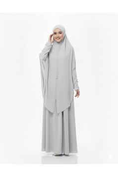 طقم ماليزي مكون من فستان مع حجاب طويل لون فضي 1404