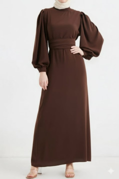 فستان عليا بتصميم أنيق وحزام خصر (بني) 4093