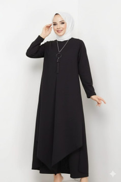 طقم هالة قطعتين تونيك طويل وبنطلون (أسود) 1491
