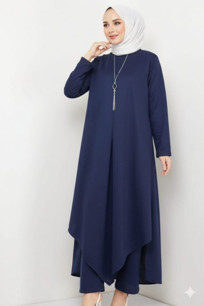 طقم هالة قطعتين تونيك طويل وبنطلون (كحلي) 1491