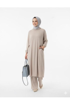 طقم زهراء تونيك بجيوب وبنطلون (بيج) 1518