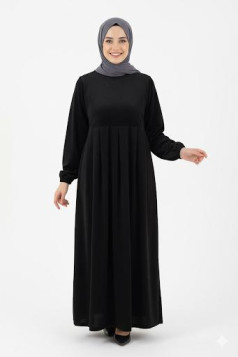 فستان رند واسع بأكمام مزمومة (أسود) 4051