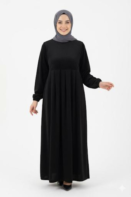 فستان رند واسع بأكمام مزمومة (أسود) 4051