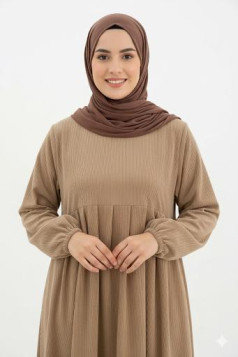 فستان رند واسع بأكمام مزمومة (بيج) 4051