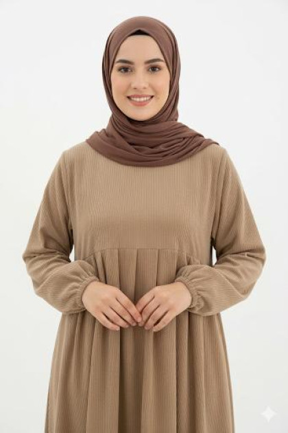 فستان رند واسع بأكمام مزمومة (بيج) 4051