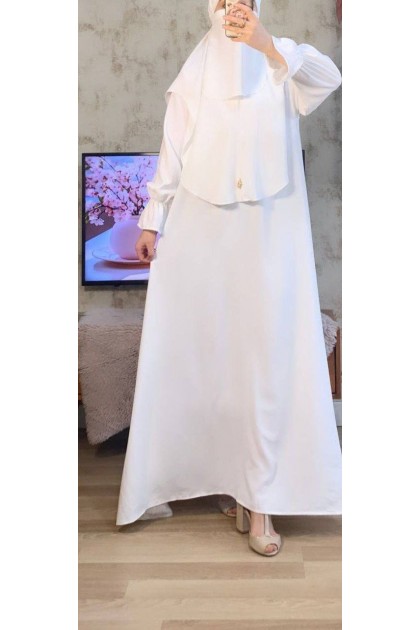 طقم سارة حجاب شرعي طويل وفستان (أبيض) 4060