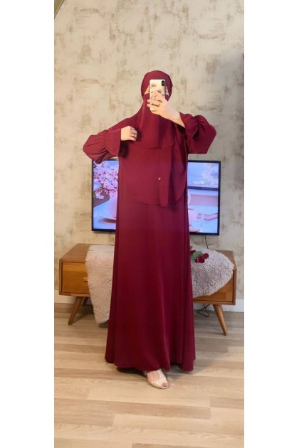 طقم سارة حجاب شرعي طويل وفستان (بوردو) 4060