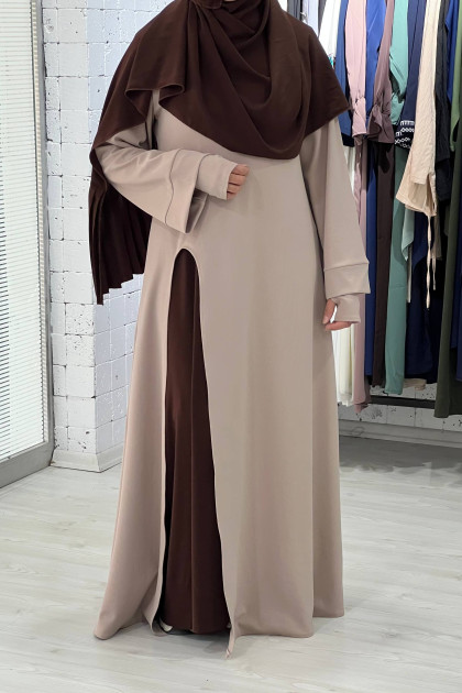 طقم عباية وقار (بيج مع بني)