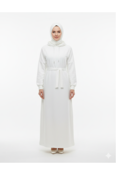 فستان قطني بكابيشون وحزام (ابيض) 1498