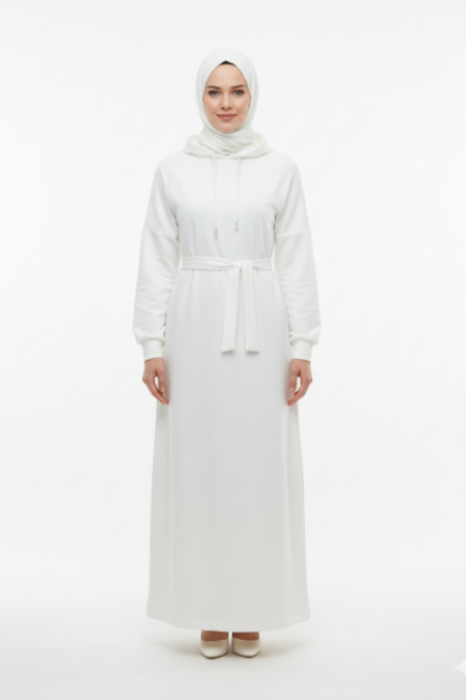 فستان قطني بكابيشون وحزام (ابيض) 1498