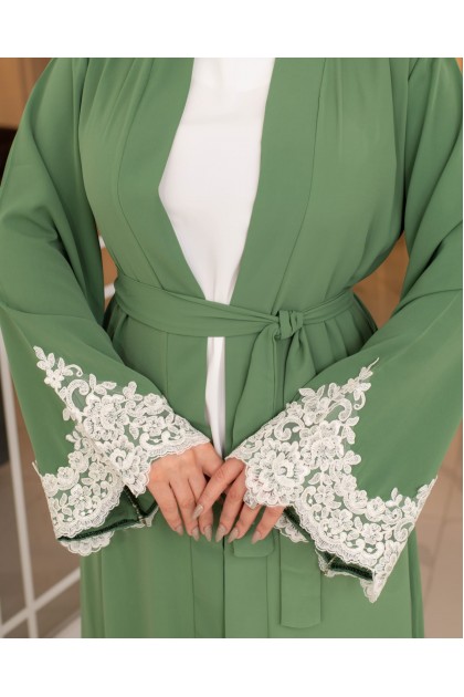 عباية لجين الرسمية المزينه بالدانتيل الصيفية (هاكي)1656