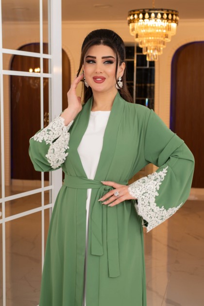 عباية لجين الرسمية المزينه بالدانتيل الصيفية (هاكي)1656